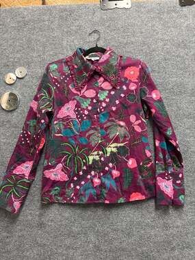 Celina Moon Floral Print Long Sleeve Button Down Blouse with Ruffle Collar Small